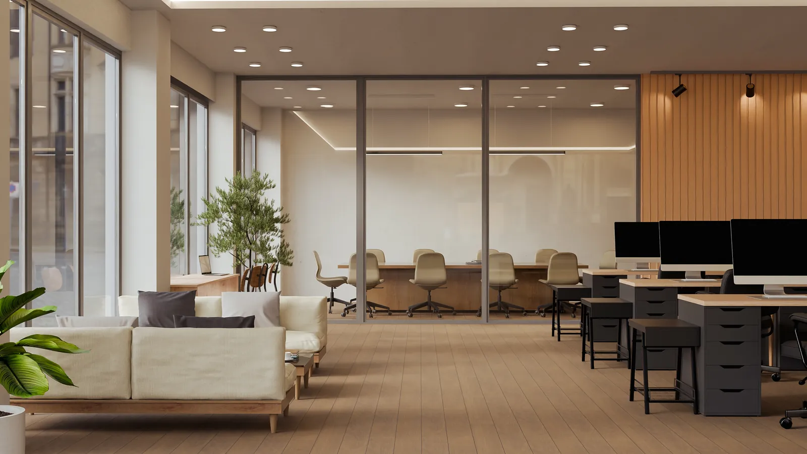 Escritório moderno e iluminado com sala de reunião